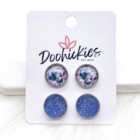 12mm Orchid Floral & Orchid Sparkles in Stainless Steel Settings -Earrings