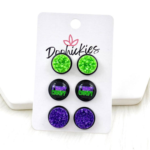 12mm Neon Green/I Want Candy/Grape in Black Settings -Halloween Earrings