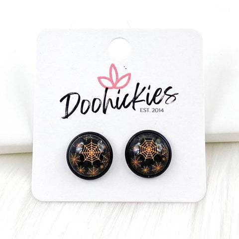 12mm Orange Webs in Black Settings -Halloween Earrings