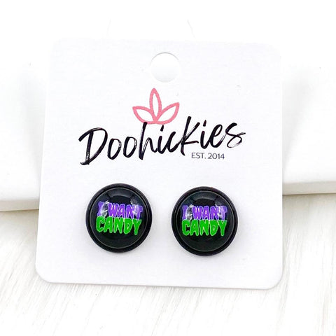 12mm I Want Candy in Black Settings -Halloween Earrings