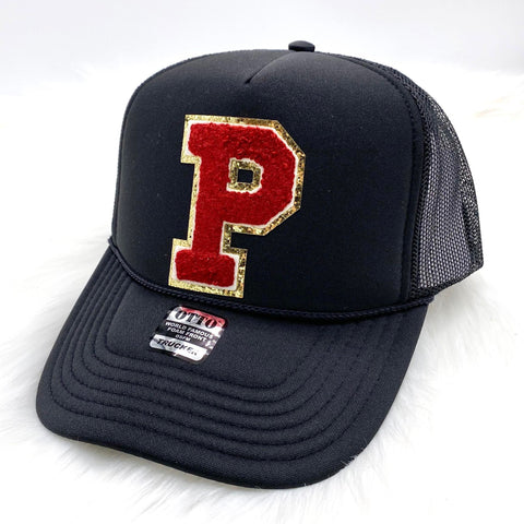 Solid Black Spirit Chenille Trucker Hat: Maroon "P"