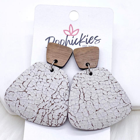 2" Walnut & Cracked White Jasmines - Fall Leather Earrings