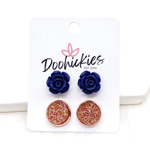 12mm Navy Roses & Rose Glitter in Rose Gold