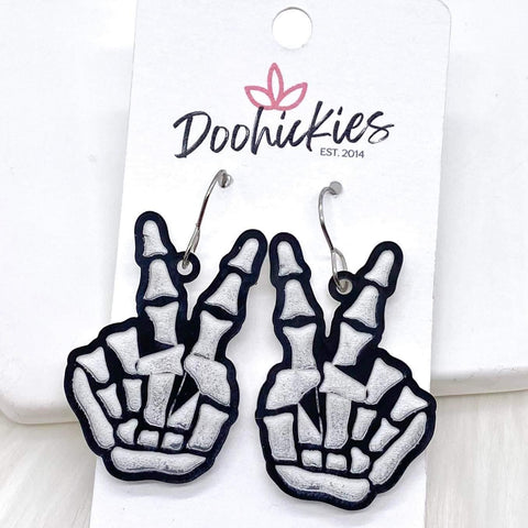 2" Peace Out Engraved Skeleton Acrylics -Halloween Earrings