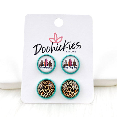 12mm Serape Christmas & Golden Leopard in Teal Settings -Christmas Studs