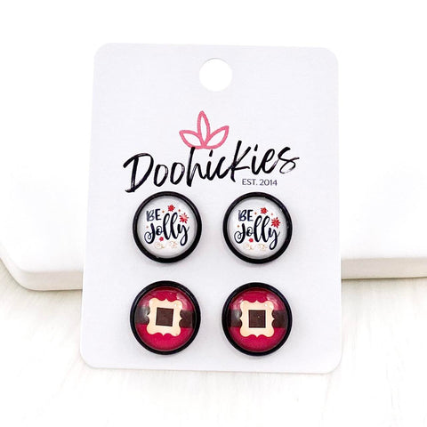 12mm Be Jolly & Santa’s Belt in Black Settings -Christmas Earrings