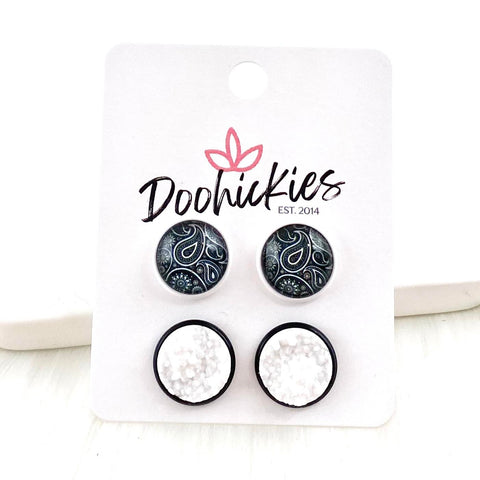 12mm Black Paisley & White in White/Black Settings -Everyday Earrings