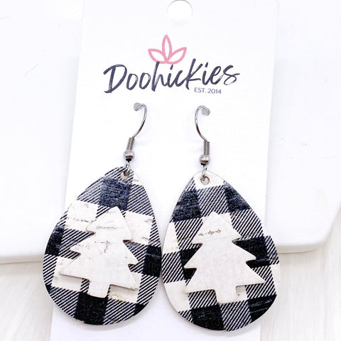 1.5" White Buffalo Plaid 3-D Tree Teardrops -Christmas Earrings