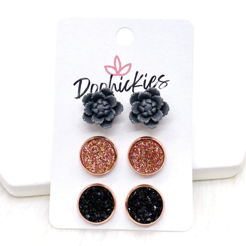12mm Grey Flower/Rose Glitter/Black in Rose Gold