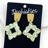 2.25" Gold Long Trap. & Shamrock Glitter Lacies -St. Paddy Earrings
