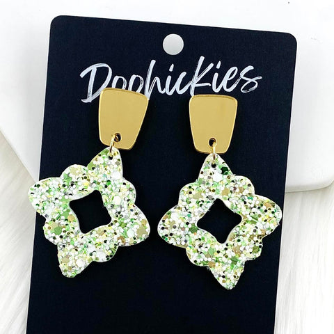 2.25" Gold Long Trap. & Shamrock Glitter Lacies -St. Paddy Earrings