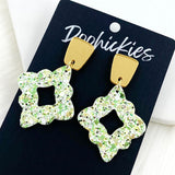 2.25" Gold Long Trap. & Shamrock Glitter Lacies -St. Paddy Earrings