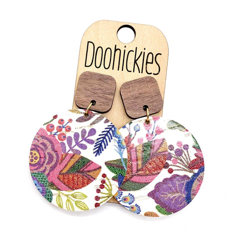 2" Walnut Wood Squares and Bold Floral Piggyback Corkies - Fall Earrings