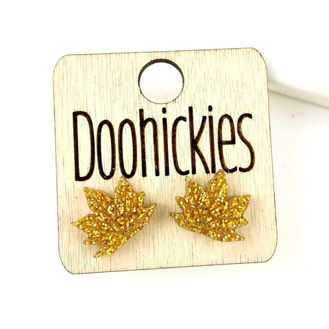 Iridescent Yellow Glitter Leaf Studs - Fall Acrylic Singles