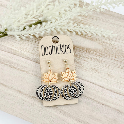 Fall Double Leaf and Leopard Pumpkin Dangle Acrylic Earrings