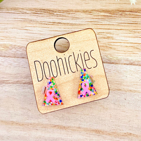 Pink Out Daisy Glitter Ribbon Megaphone Earring Collection - Breast Cancer Awareness Earrings