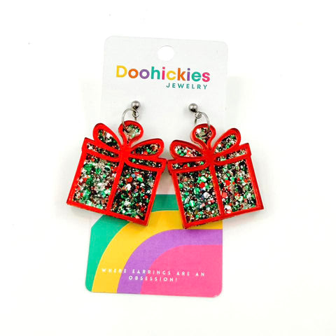 Layered Traditional Christmas Glitter Present Earring Collection