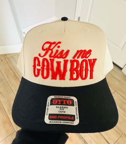 Kiss Me Cowboy PUFF EMBROIDERY TRUCKER HAT - PLEASE ALLOW 3-5 BUSINESS DAYS FOR SHIPPING