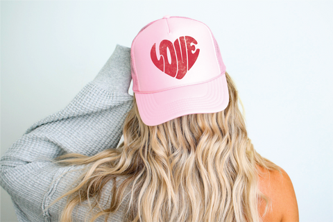 Love Heart DTF Printed Light Pink Trucker Hat - PLEASE ALLOW 3-5 BUSINESS DAYS FOR SHIPPING