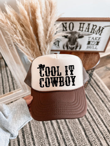 Cool It Cowboy DTF Printed Brown & Tan Trucker Hat - PLEASE ALLOW 3-5 BUSINESS DAYS FOR SHIPPING
