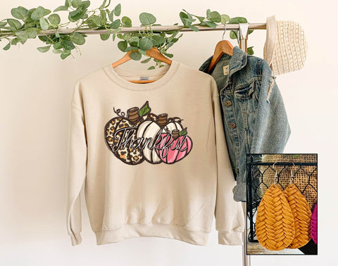 Thankful- Pumpkin Trio Crew Sweatshirt - PLEASE ALLOW 3-5 DAYS FOR SHIPPING