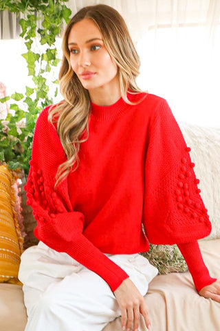 The Fiona Red Textured Puff Sleeve Sweater Top