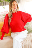 The Fiona Red Textured Puff Sleeve Sweater Top