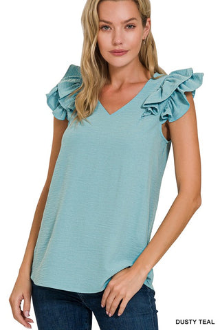 The Whitney Dusty Teal Ruffled Sleeve Top