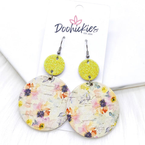 2.5" Yellow Glitter & Yellow Watercolor Floral Piggyback Corkies -Earrings