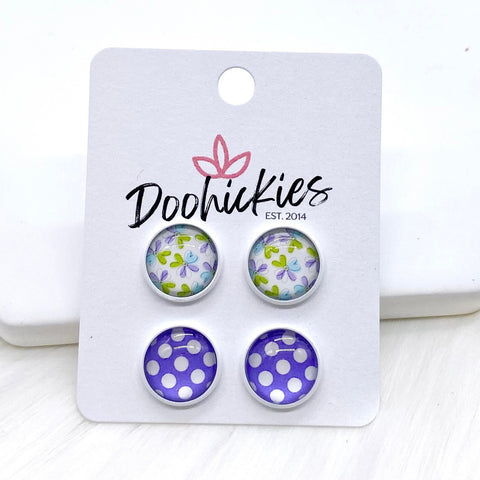 12mm Purple/Pear Green Flowers & Purple Polka Dots in White Settings -Earrings