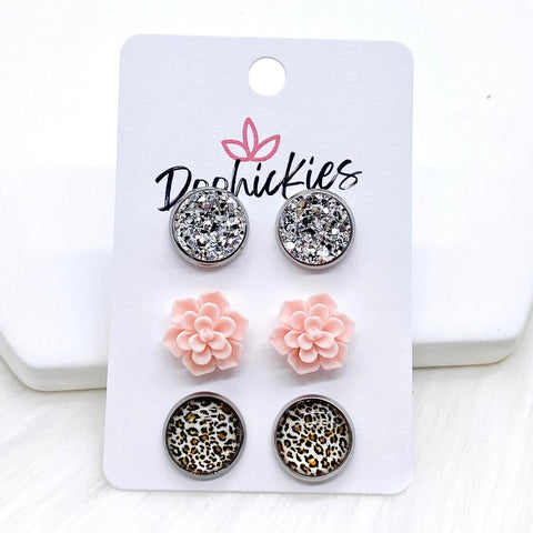 12mm Silver/Pink Succulents/Tan Leopard in Stainless Steel Settings -Earrings