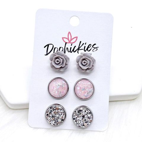 12mm Grey Roses/Pink & Silver Fleck/Silver in Stainless Steel Settings -Earrings