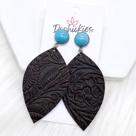 3" Turquoise & Dark Chocolate Embossed Leaf Dangles