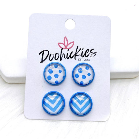 12mm Light Blue Doodle Dots & Chevrons in Light Blue Settings -Earrings