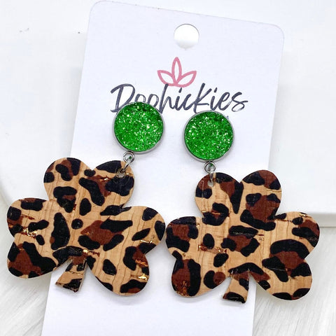 2" Green & Metallic Leopard Cork Shamrock Dangles -Earrings