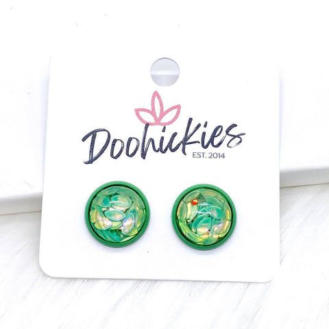 12mm Green Petals in Green Settings -Earrings