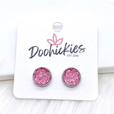 Pink Sparkle Singles in Stainless Steel Settings -Earrings
