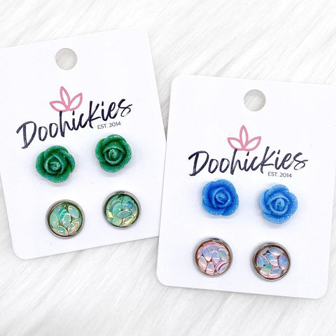 10mm Tiny Glitter Roses & Petal Duos -Earrings