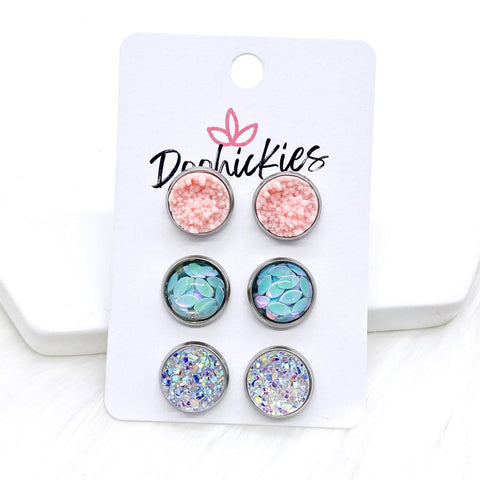 12mm Pink Crystals/Blue Petals/Crystal in Stainless Steel Settings -Earrings