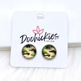 Green Camo Singles in Stainless Steel Settings -Earrings