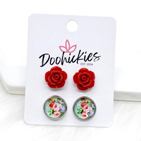 12mm Red Roses & Roses on Mint in Stainless Steel Settings -Earrings