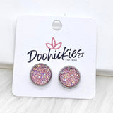 12mm AB Pink Sparkle Singles in Stainless Steel Settings -Earrings