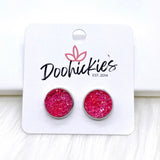 Hot Pink Sparkle Singles in Stainless Steel Settings -Earrings