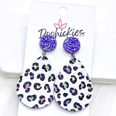2" Purple Shimmer & Pastel Leopard Dangles (leather) -Earrings