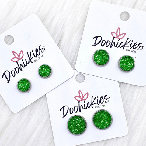 Green Sparkle Singles in Stainless Steel Settings -Earrings