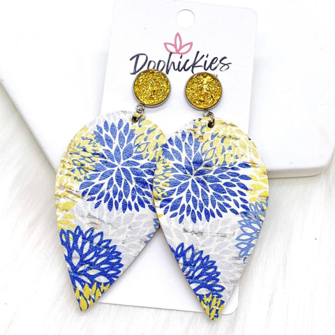 2.5" Yellow Sparkles & Chrysanthemum Spade Cork Dangles -Summer Earrings