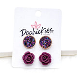Iridescent Rose Gold & 12mm Burgundy Roses in Rose Gold (2 size options) -Earrings