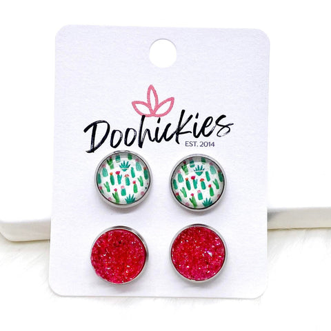 12mm Cacti & Hot Pink Sparkles in Stainless Steel Settings -Earrings