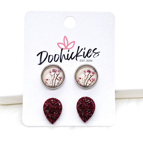 12mm Cherry Blossom & Burgundy Teardrops in Stainless Steel Settings -Fall Stud Earrings