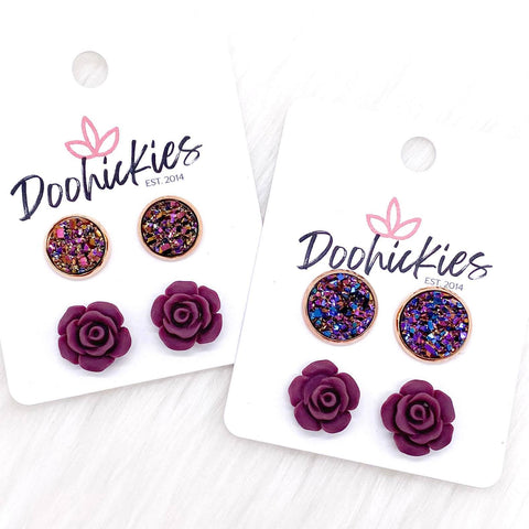 Iridescent Rose Gold & 12mm Burgundy Roses in Rose Gold (2 size options) -Earrings